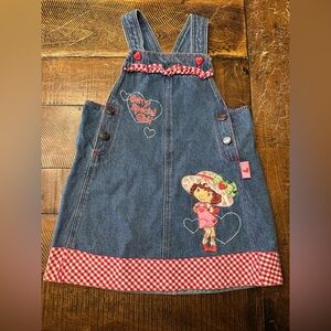 Strawberry short cake Denim Pinafore Dress - Blue with Red Gingham 4t